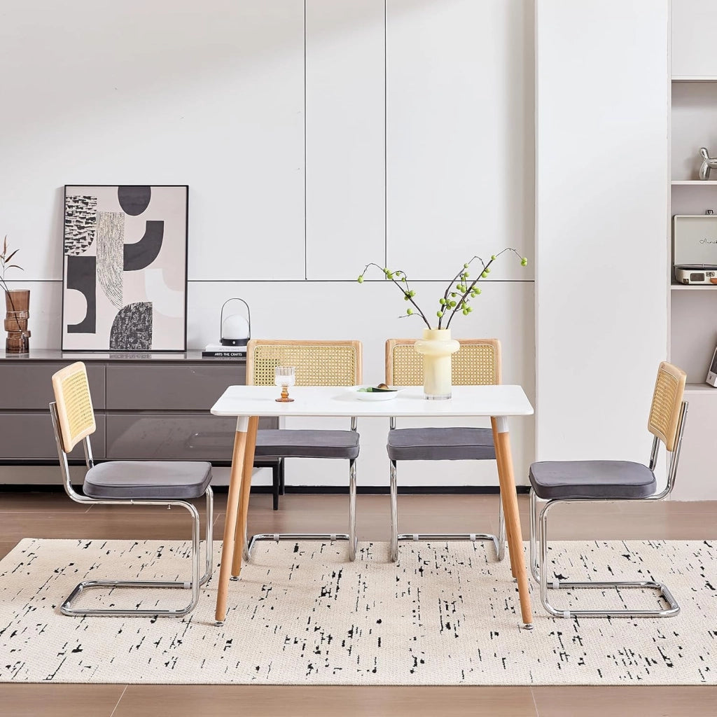 GrandCA HOME Set di 4 Sedie da Pranzo con Schienale in Canna Naturale e Base in Acciaio Cromato, Sedie da Cucina Imbottite in Rattan,Grigio