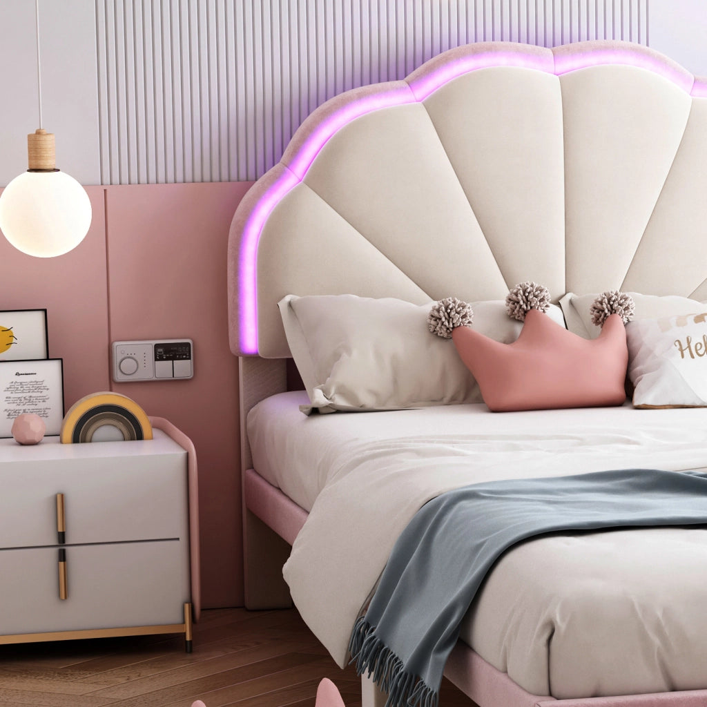 Letto imbottito singolo 90x200 cm in velluto con testiera ondulata e luci LED multicolore