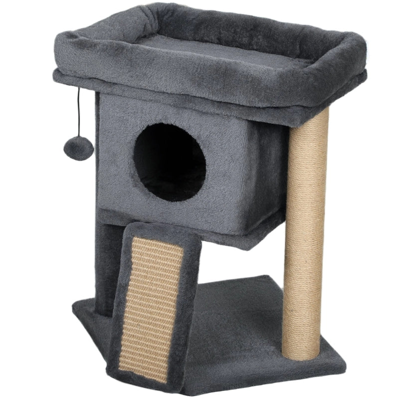 Albero tiragraffi per gatti con piattaforma, cuccia e pallina, 40 x 40 x 57 cm, grigio scuro