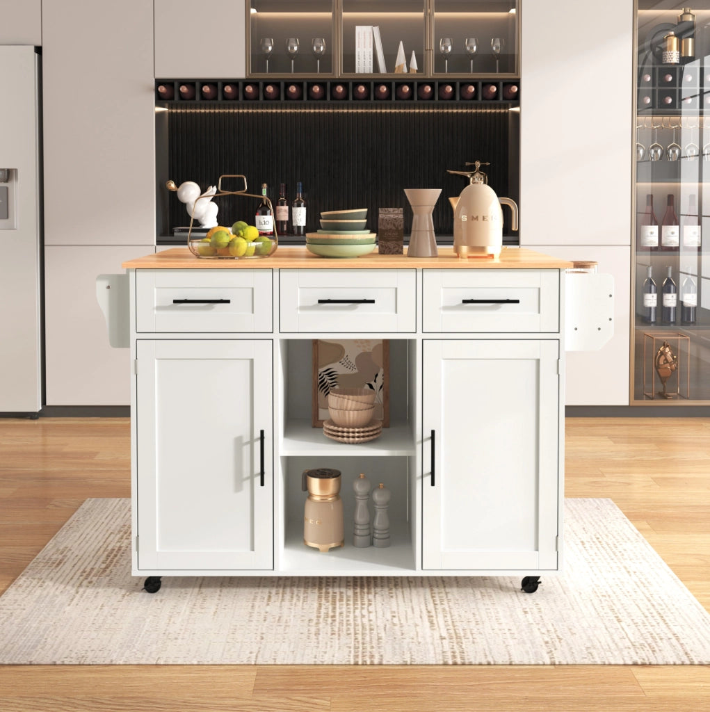 Carrello da cucina con piano ribaltabile e cassetti, bianco