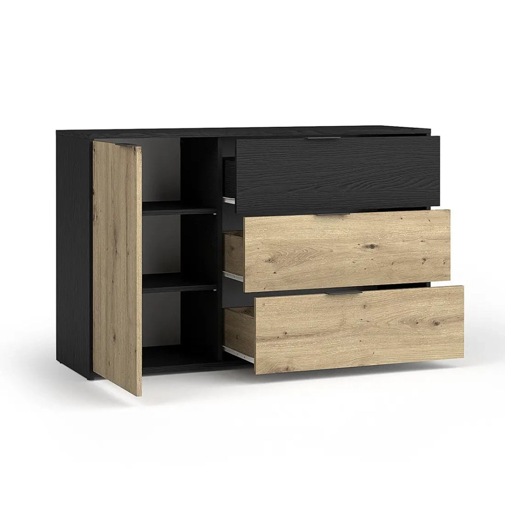 Cassettiera MELODY - 3 Cassetti e 1 Porta - 139x80x35 cm - Nero grafite e rovere chiaro
