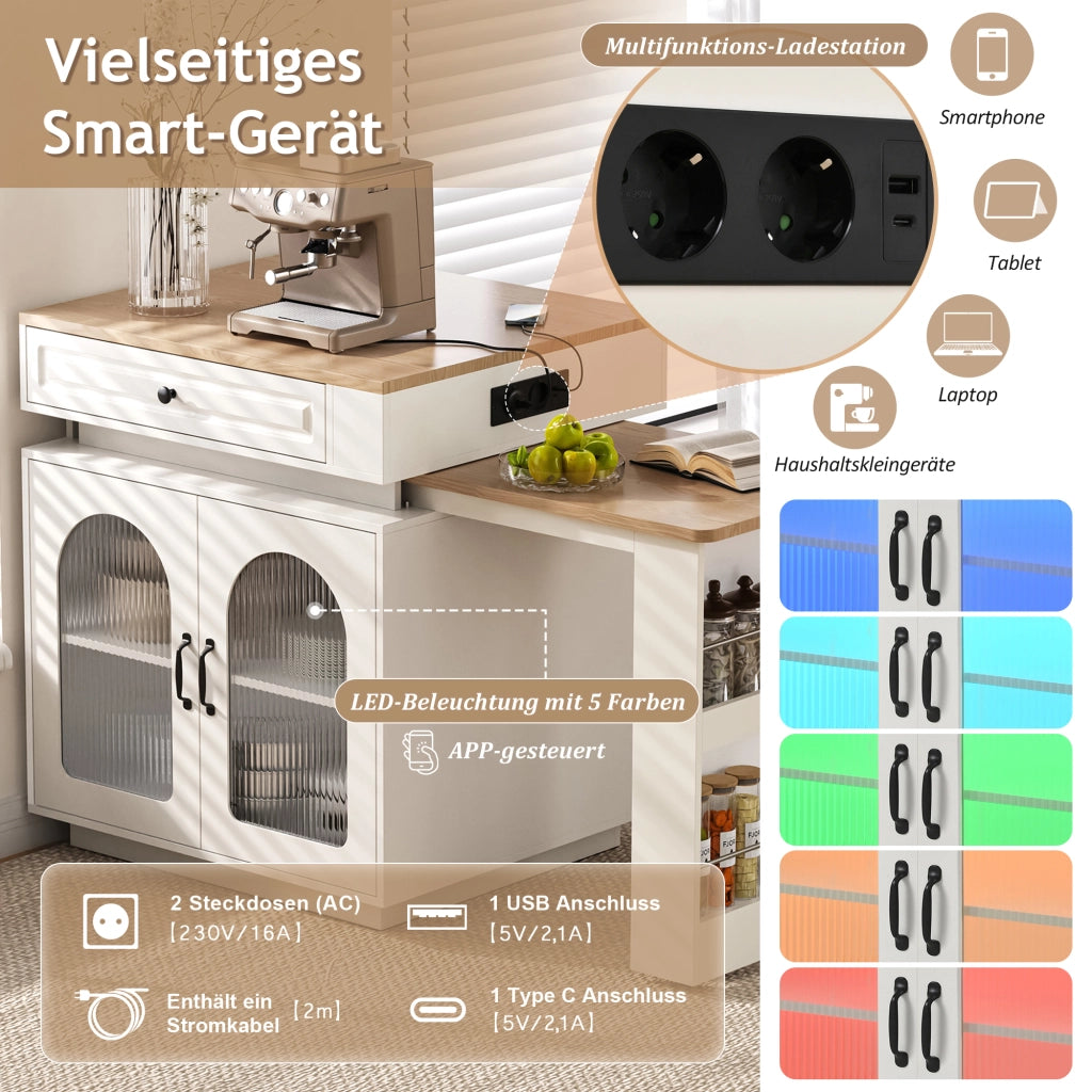 Tavolo allungabile con cassetto, vani aperti e led, per cucina e sala da pranzo, in MDF e vetro, bianco
