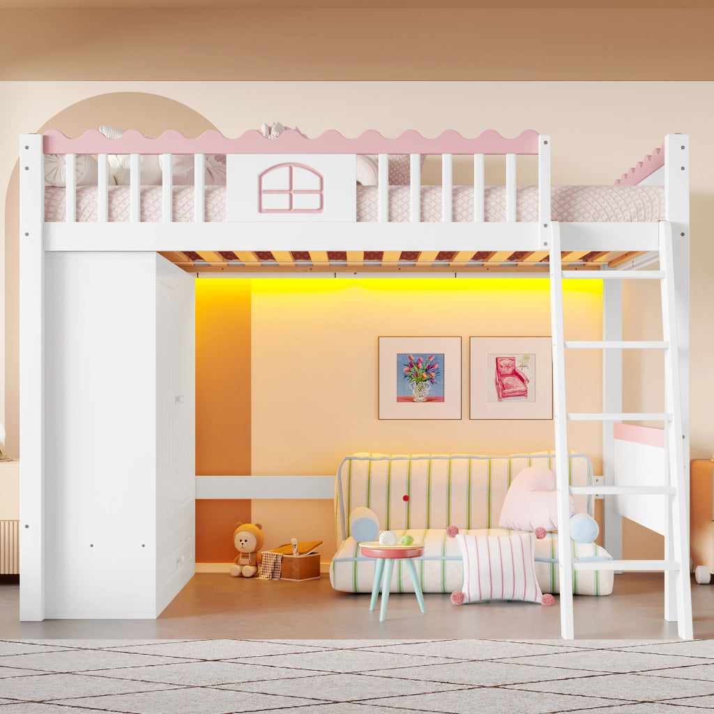 Letto a castello singolo bianco con luci LED armadio e cassetto in pino 90x200 cm