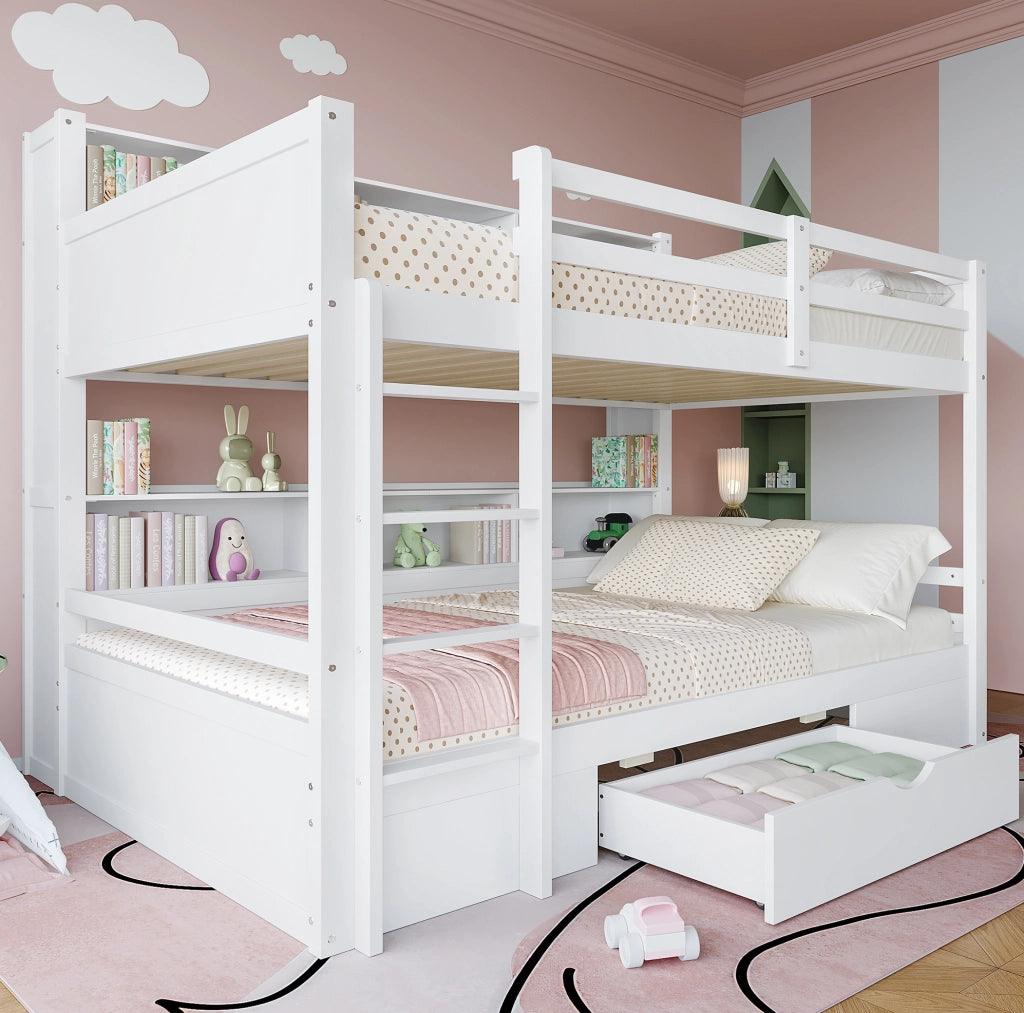 Letto a castello 90x200 cm con cassetto e vani contenitivi bianco