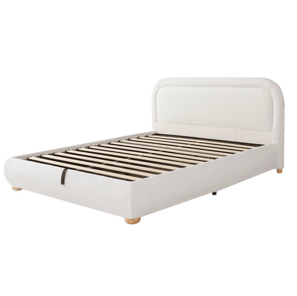 Letto matrimoniale 160x200 cm con contenitore idraulico; testiera imbottita in bouclé bianco