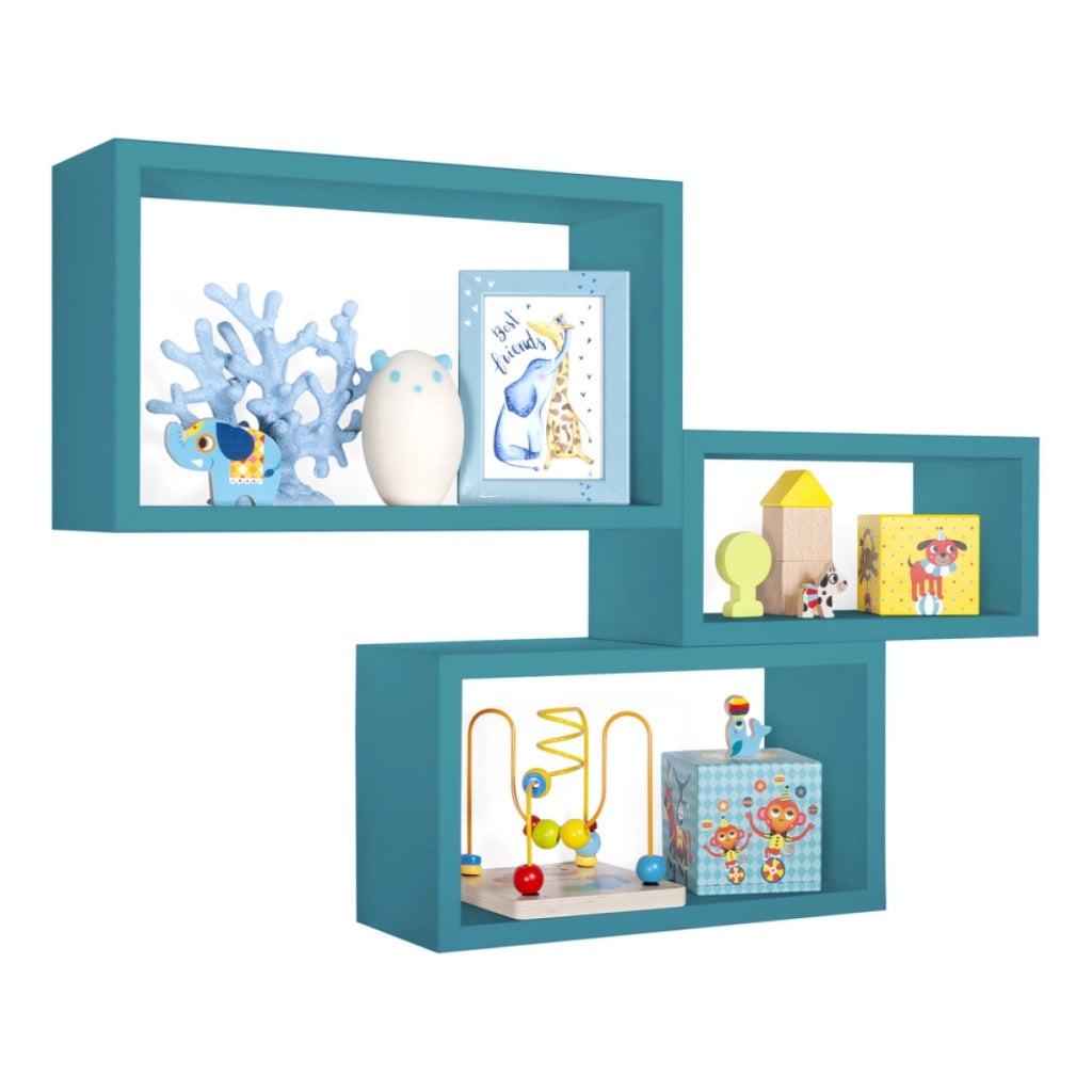 Set di 3 Mensole da Muro Modello TRITTCO. Misure 15.5x45.0x27.0 cm. fInitura  BLU ATOLLO - MADE IN ITALY