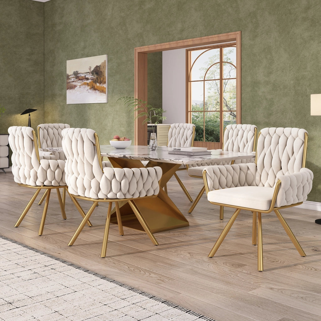 Set 2 sedie da pranzo girevoli in velluto beige con schienale alto, braccioli e struttura in metallo