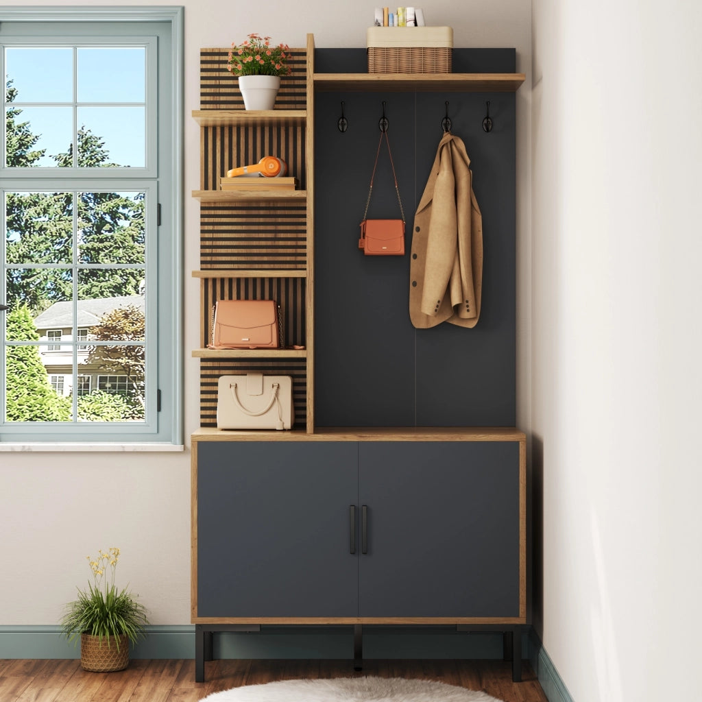 Mobile ingresso con ripiani regolabili e ganci; 4 vani laterali - per ingresso - in truciolare - 100×40×190.5 cm - naturale
