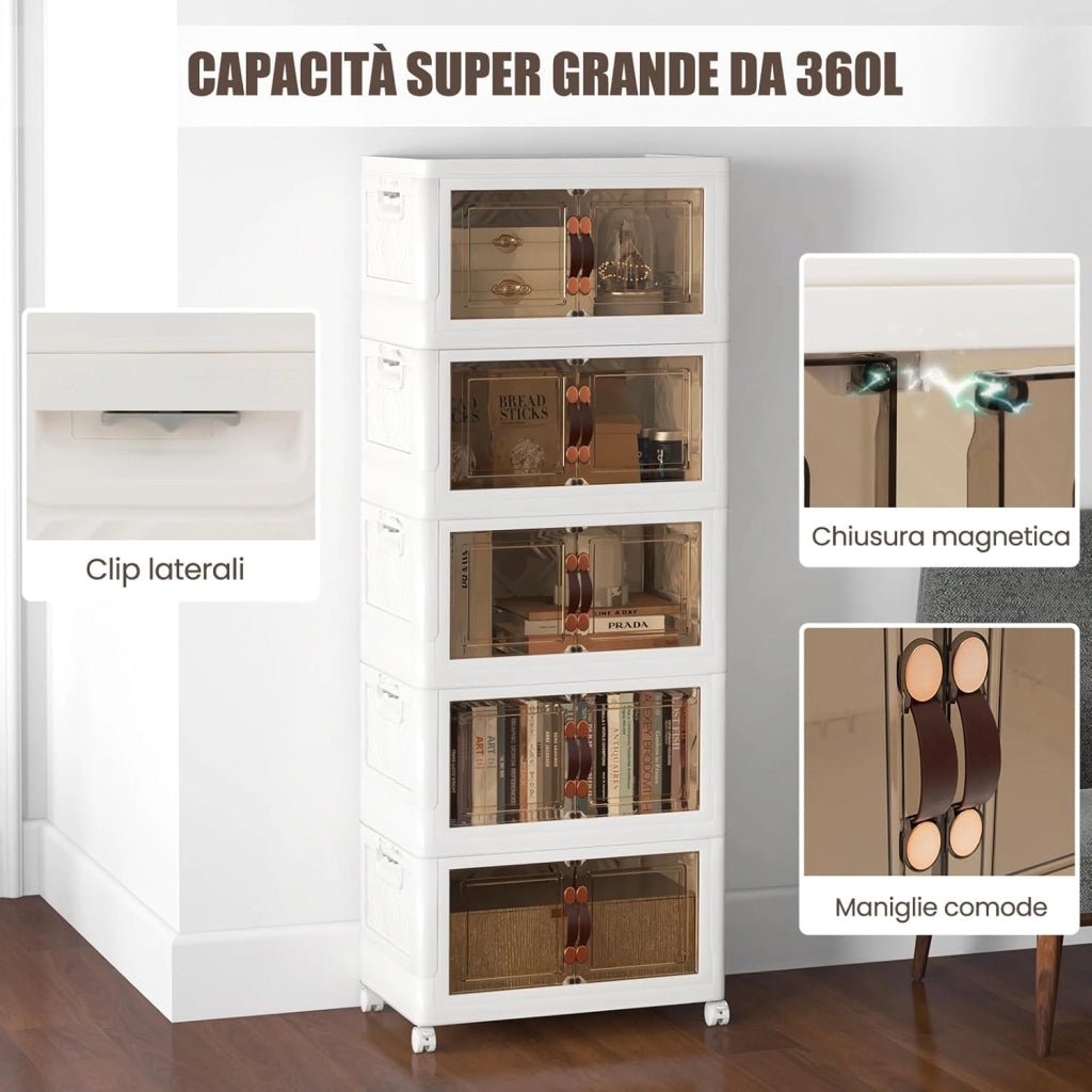 Scatola Portaoggetti, Contenitori in Plastica con Coperchio e 4 Ruote, Contenitore Pieghevole Impilabile per Soggiorno, Cucina e Camera da Letto (XL-Set di 5)