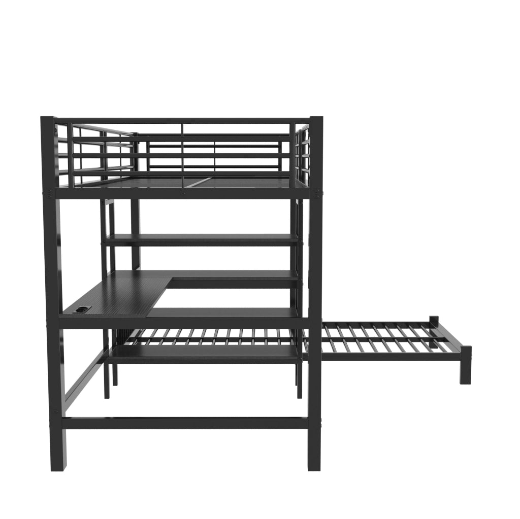 Letto a soppalco con scrivania, ripiani e prese USB, nero 90 x 200 cm