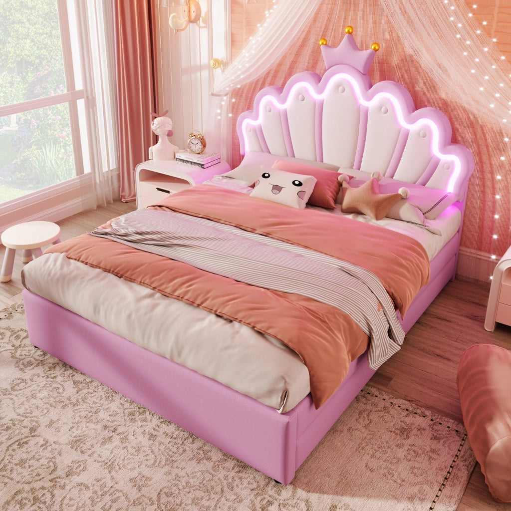 OKWISH Letto Bambini 140×200 cm, Letto Matrimoniale con LED Regolabile, 2 Cassetti e Testiera Regolabile, senza Materasso, in PU, Rosa