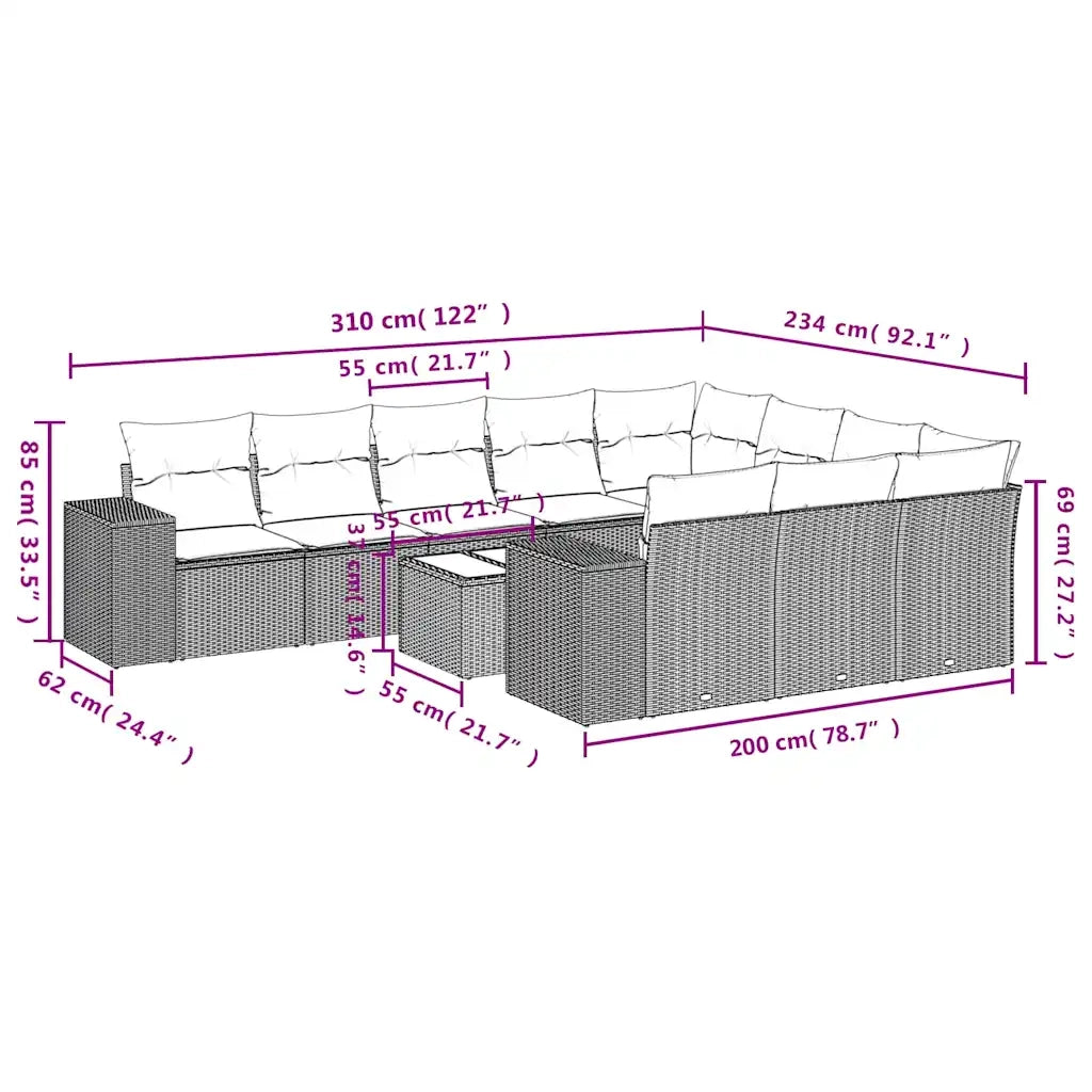 Set Divani da Giardino 11 pz con Cuscini in Polyrattan Grigio