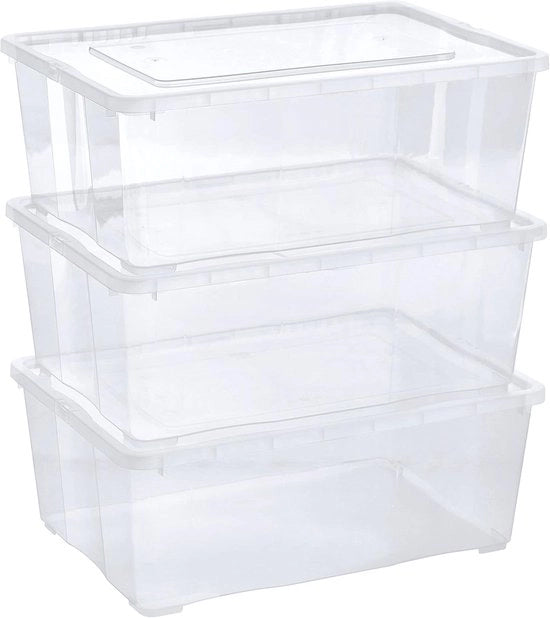 Scatole di archiviazione in plastica trasparente con coperchio - 3 pezzi per abbigliamento, scarpe, giocattoli e attività manuali