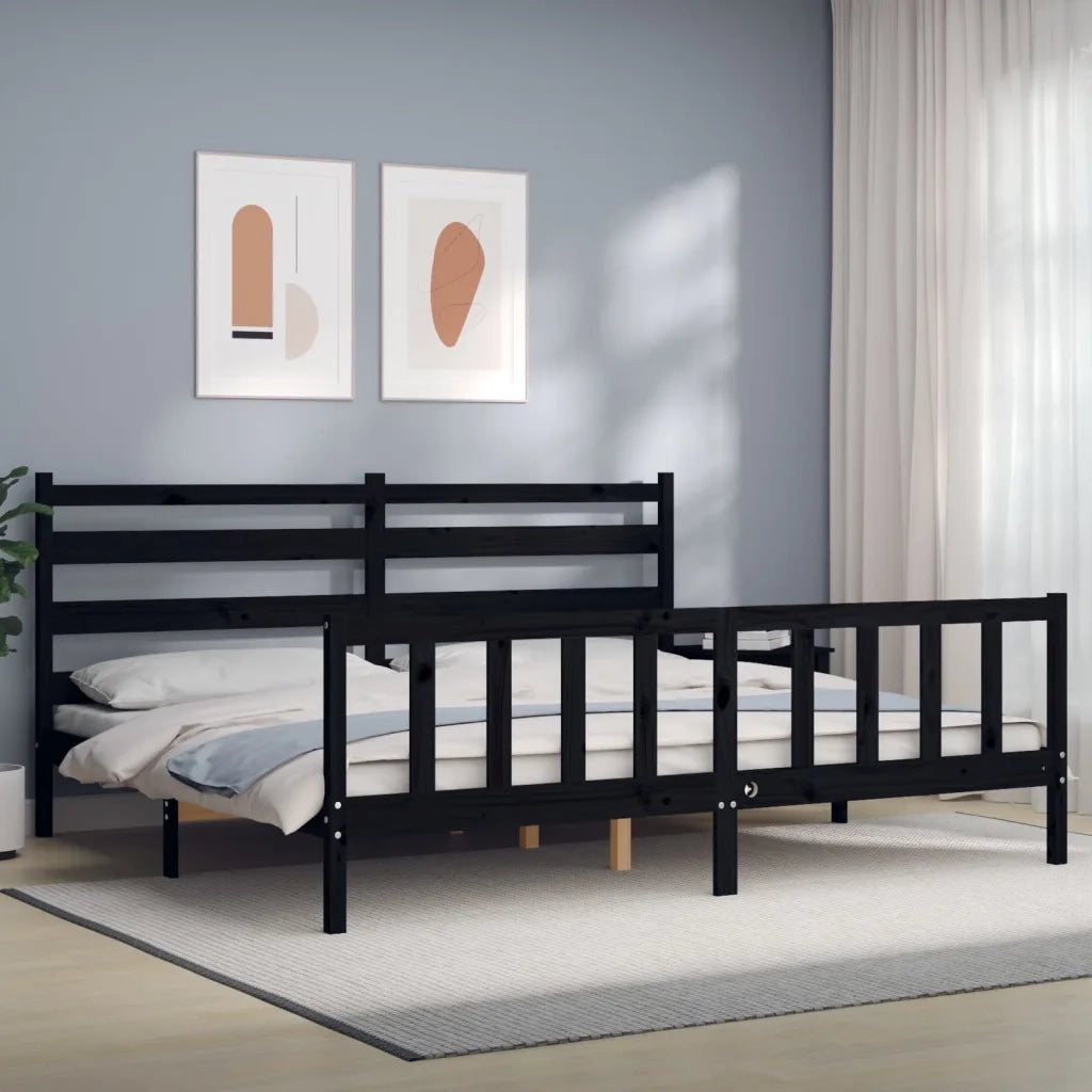 Letto matrimoniale | Letto per adulti | Giroletto con Testiera Nero 200x200 cm in Legno Massello