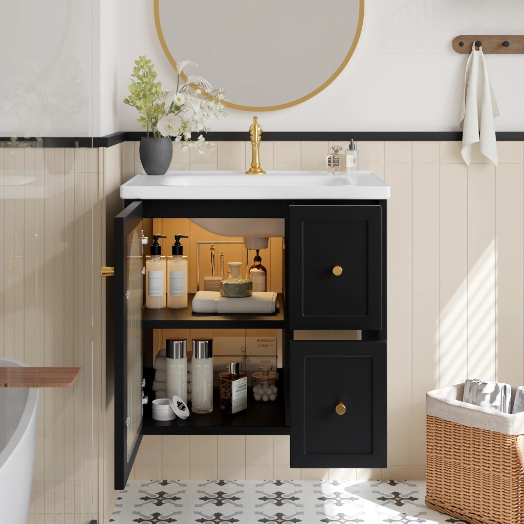 Mobile sottolavabo da bagno a parete con lavabo in ceramica LED anta in vetro rigato e chiusura soft close nero