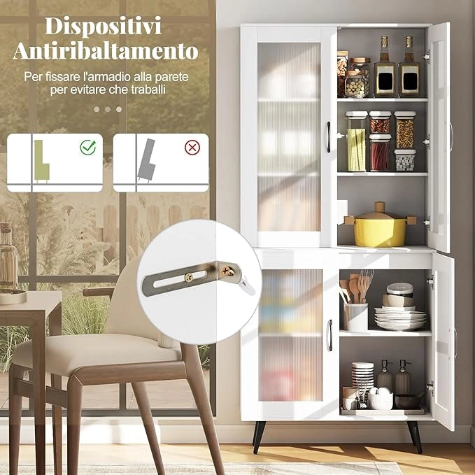 Credenza da Cucina Salvaspazio, Armadio Dispensa con 4 Ante Trasparenti, Ripiano Regolabile e Gambe in Metallo, Mobiletto Alto per Soggiorno e Sala da Pranzo, 80 x 40 x 178,5 cm (Bianco)
