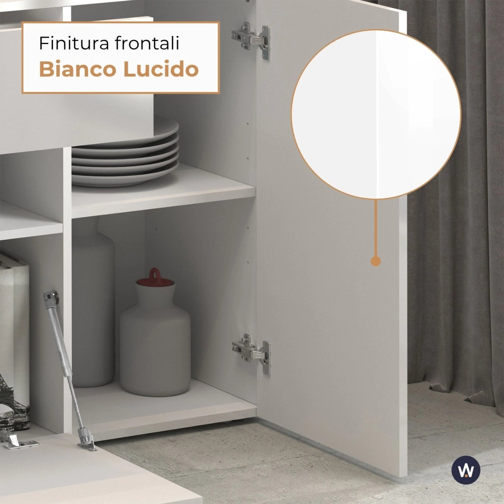 WHOUS Credenza Potenza con 2 ante 1 ribalta e 1 cassetto bianco lucido 180x40x80 cm