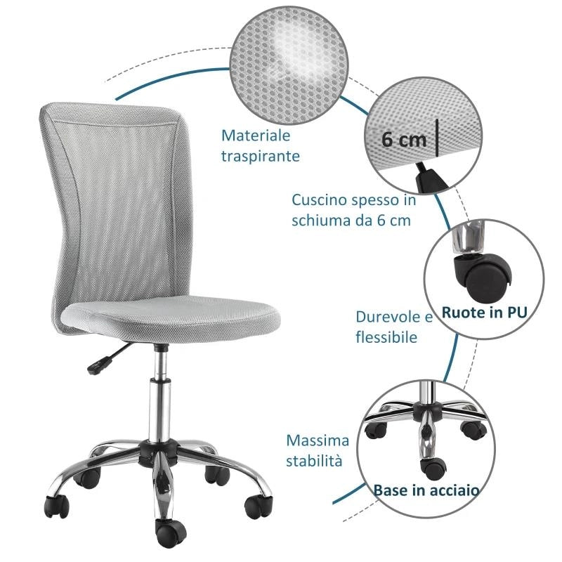 SEDIA DA UFFICIO ERGONOMICA SENZA BRACCIOLI IN TESSUTO A RETE, ALTEZZA REGOLABILE E 5 RUOTE, GRIGIO