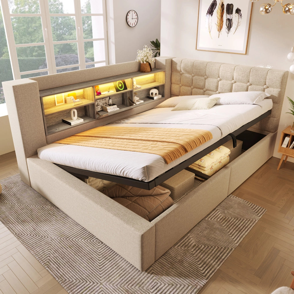 Letto matrimoniale 140x200 cm con contenitore; testiera a L reversibile; LED e porte USB; beige