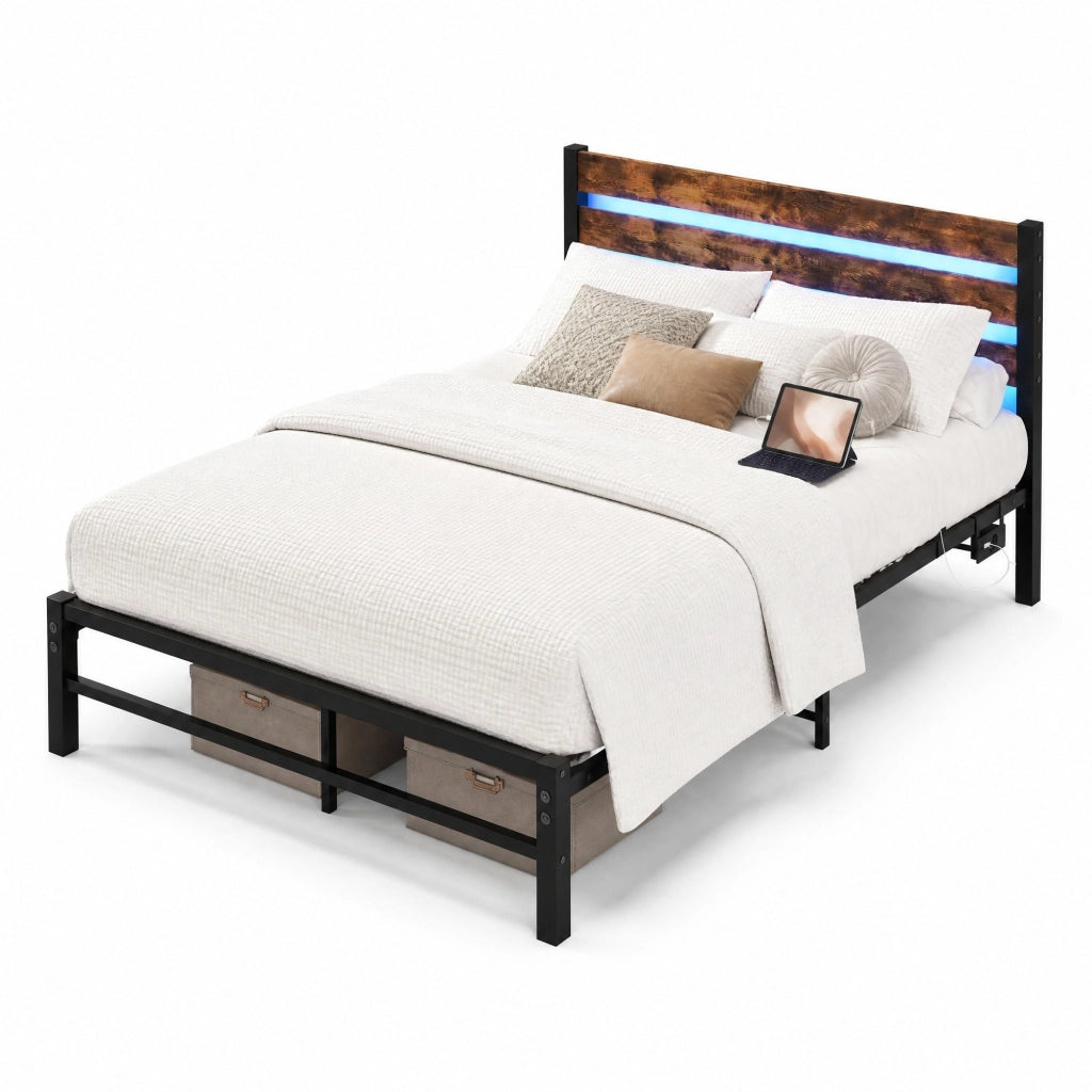 Letto matrimoniale 120x200 cm in metallo e MDF con testiera in legno, LED RGB e contenitore sottoletto