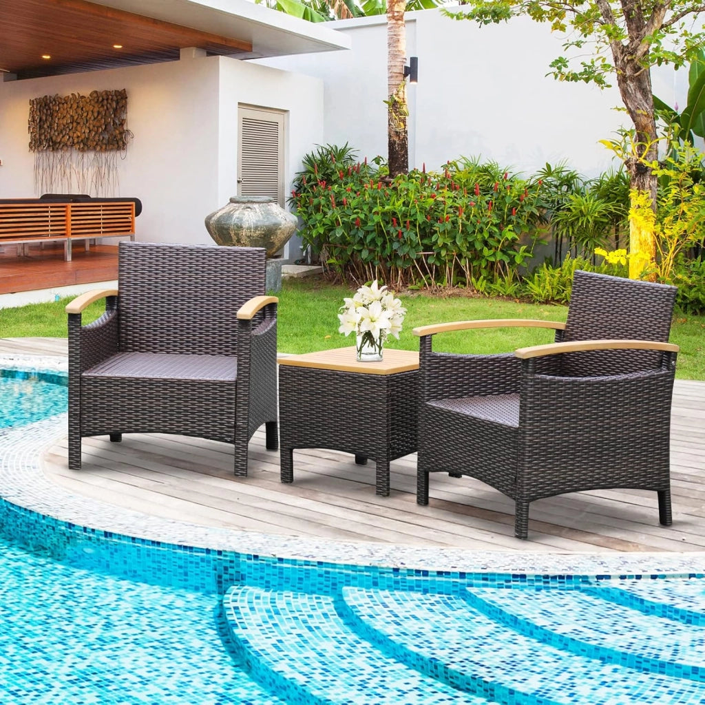 Set di 3 mobili da giardino in rattan e legno di acacacia, mobili da balcone con 2 poltrone e 1 tavolino, per giardino, balcone, marrone e bianco