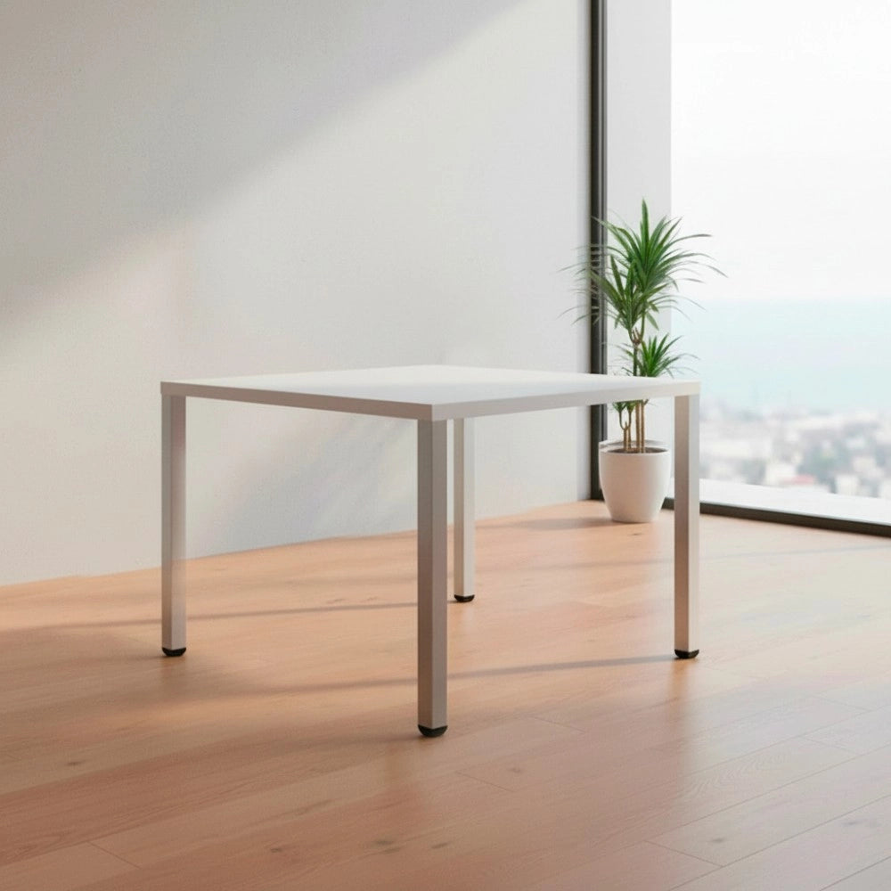 Tavolo Quadrato Leccino 80x80 con Gambe Regolabili in Altezza – Bianco e Alluminio