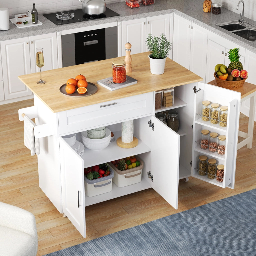 Carrello da cucina 132.5x44(70)x90 cm con piano pieghevole; 5 ruote; MDF bianco naturale