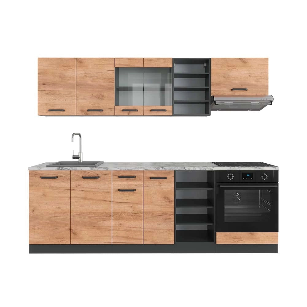 Cucina componibile R-Line Rovere dorato/Antracite 240 cm, PL Marmo Vicco