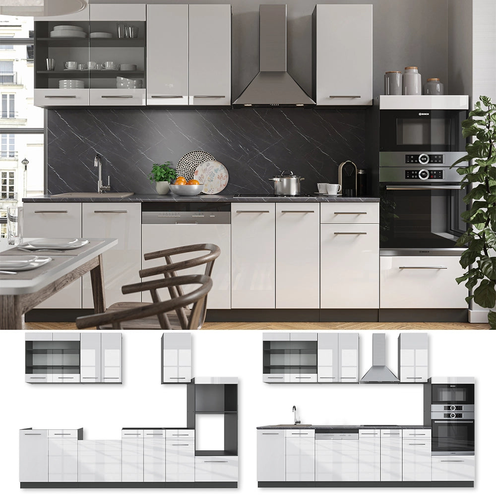 Cucina componibile Fame-Line Bianco lucido/Antracite 300 cm con armadio alto, PL Marmo Vicco