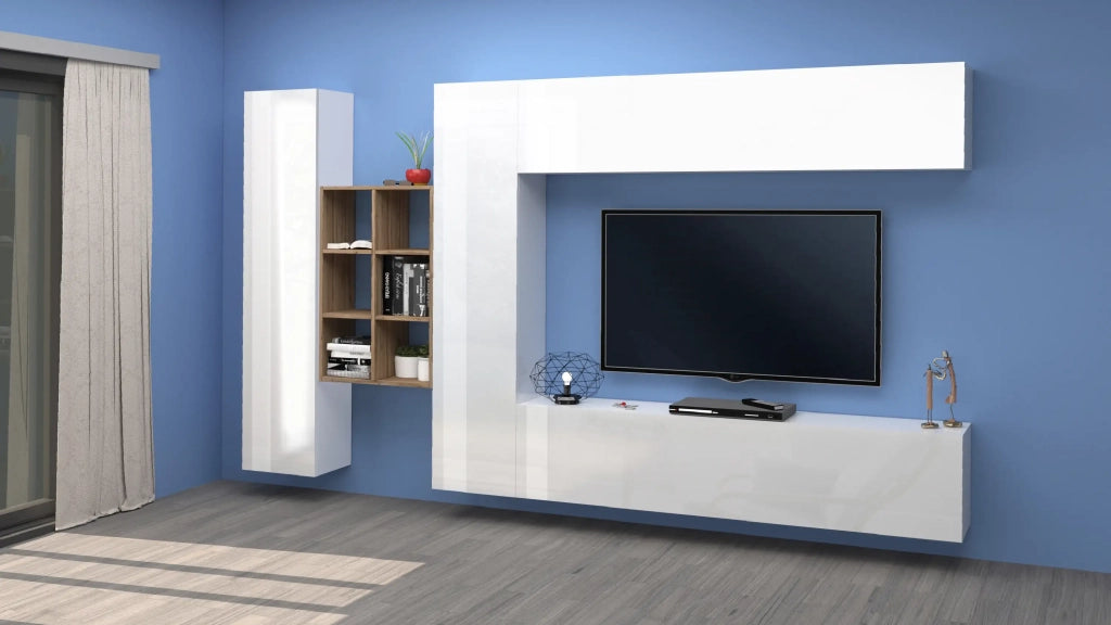 Parete attrezzata bianca mobile TV pensile sospeso 2 armadi libreria Sid WH