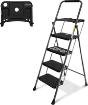 Scale aerea a 4 gradini, piattaforma per attrezzi pieghevole, pedale anti-slip ampi, scala robusta in acciaio, maniglione comodo, scala leggera e trasportabile in acciaio, 150 kg, grigio