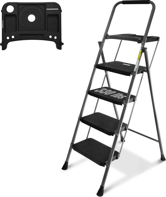 Scale aerea a 4 gradini, piattaforma per attrezzi pieghevole, pedale anti-slip ampi, scala robusta in acciaio, maniglione comodo, scala leggera e trasportabile in acciaio, 150 kg, grigio