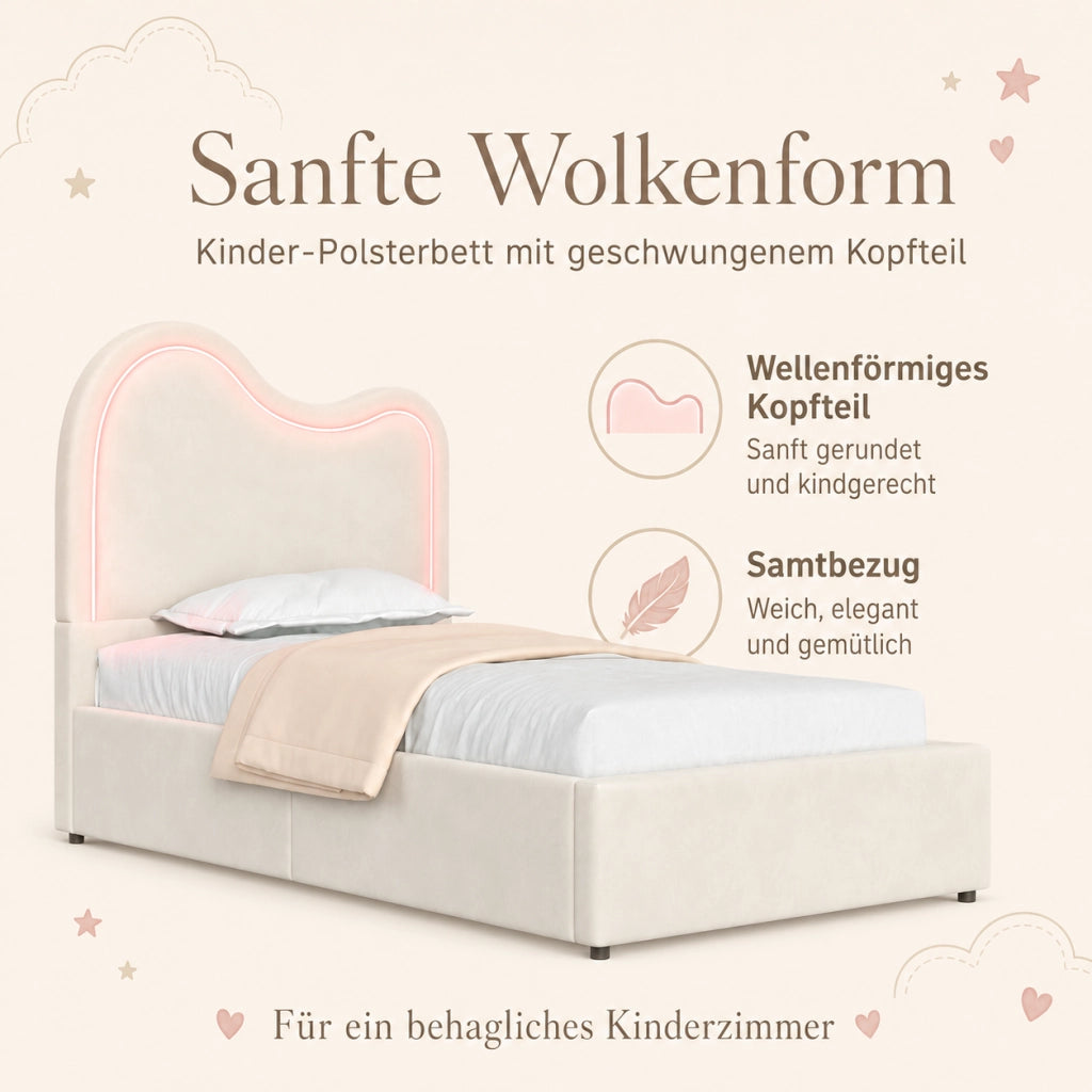 Letto imbottito per bambini con contenitore idraulico, 90x200 cm, velluto beige