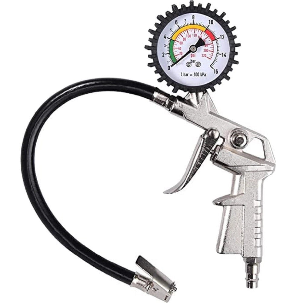 Trade Shop - Pistola Manometro Per Gonfiaggio Misura Pressione Gomme Auto Moto Bici Psi/bar Tubo 30cm -