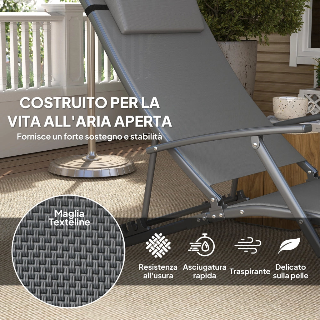 Set 2 Sdraio da Giardino Pieghevoli 64x154x87A cm con Schienale Regolabile e Cuscino Grigio
