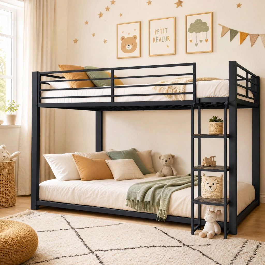 Letto a castello 140x200 cm in metallo con scaletta a gradini; nero