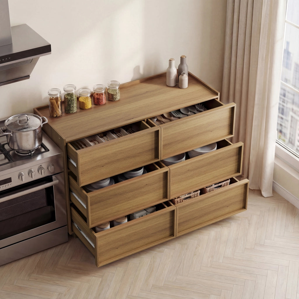 Cassettiera 115x48x78 cm con sei cassetti; guide metalliche; in MDF e truciolare; naturale