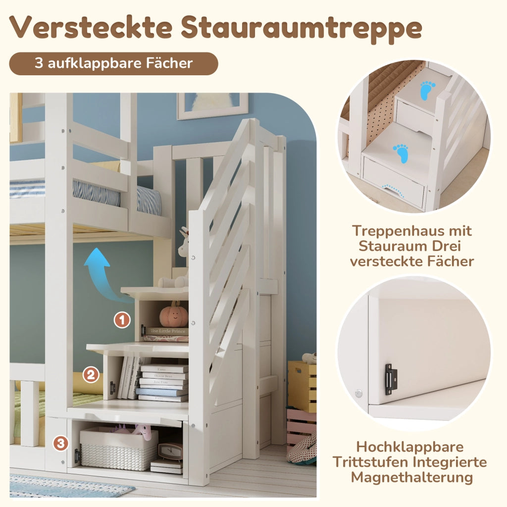 Letto a castello per bambini 90 × 200 cm con scala contenitore e finestre, senza materasso, in legno, bianco