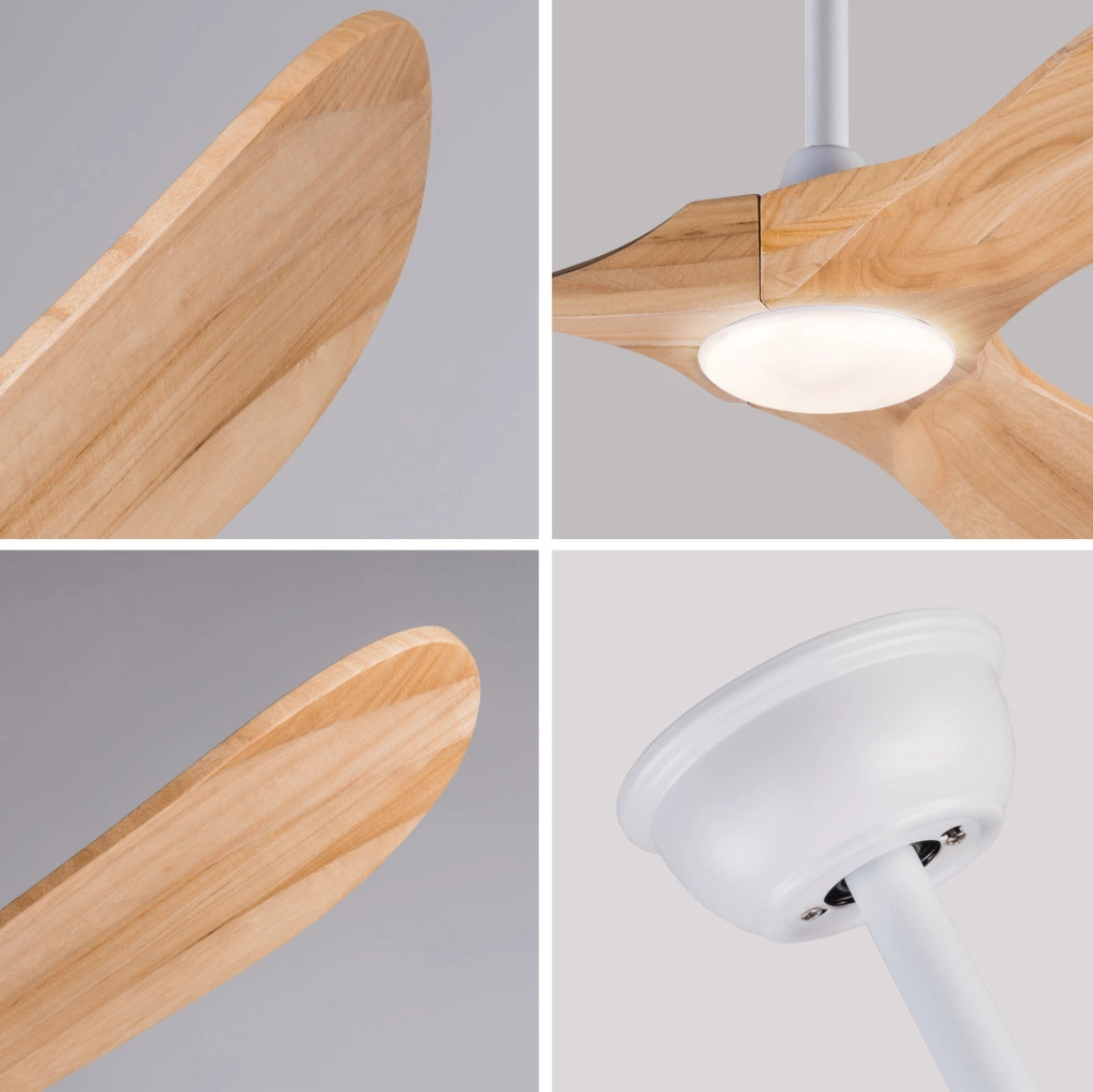 Ventilatore da soffitto 60 pollici con luce LED; 3 pale in legno massello; bianco naturale