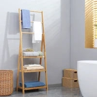 kleankin Portasciugamani Bagno Multiuso Pieghevole con 3 Barre e 3 Ripiani, 53x30.5x152 cm, Legno Naturale