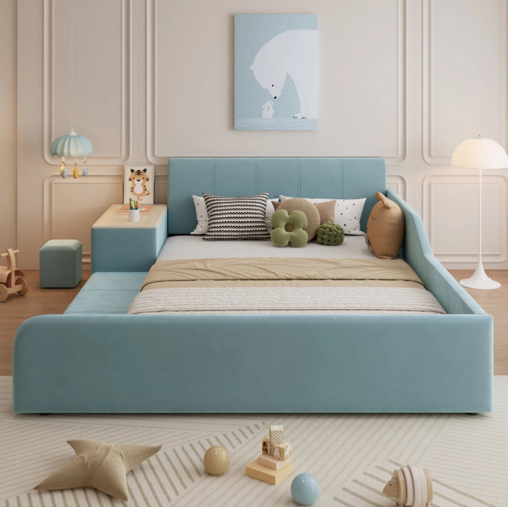 Letto imbottito 140x200 cm con scrivania laterale e sgabello blu
