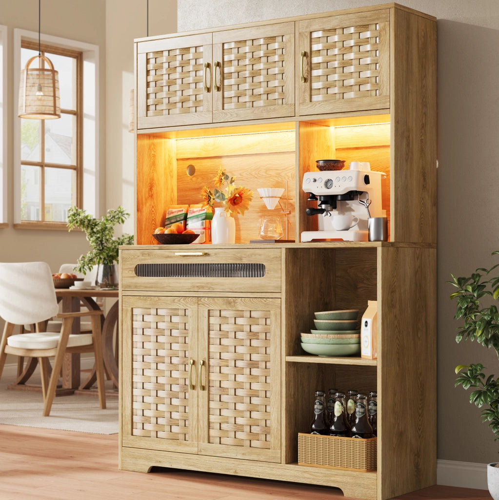 Credenza alta 120x40x180 cm con LED; ante in vetro; MDF e metallo naturale