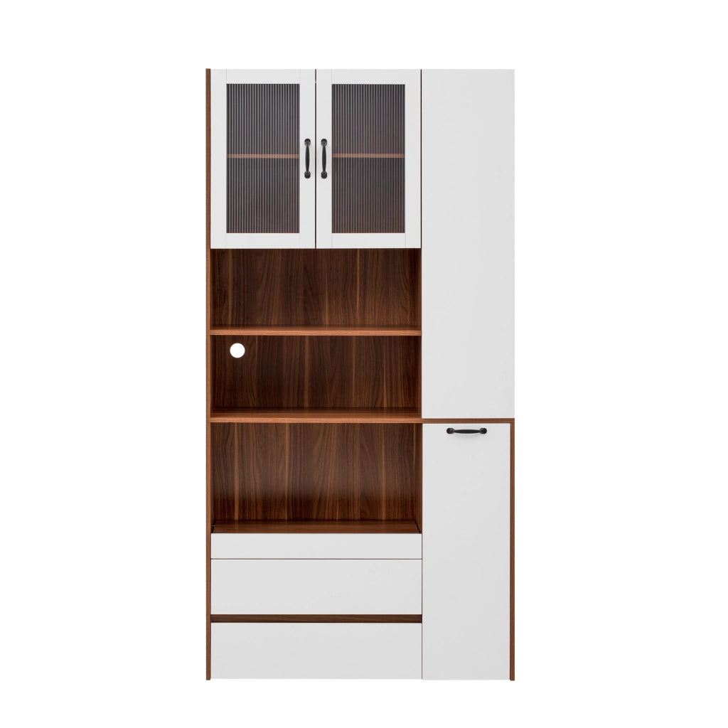 Credenza con ante in vetro rigato, ripiani estraibili e due cassetti in MDF bianco e noce 100 × 40 × 200 cm