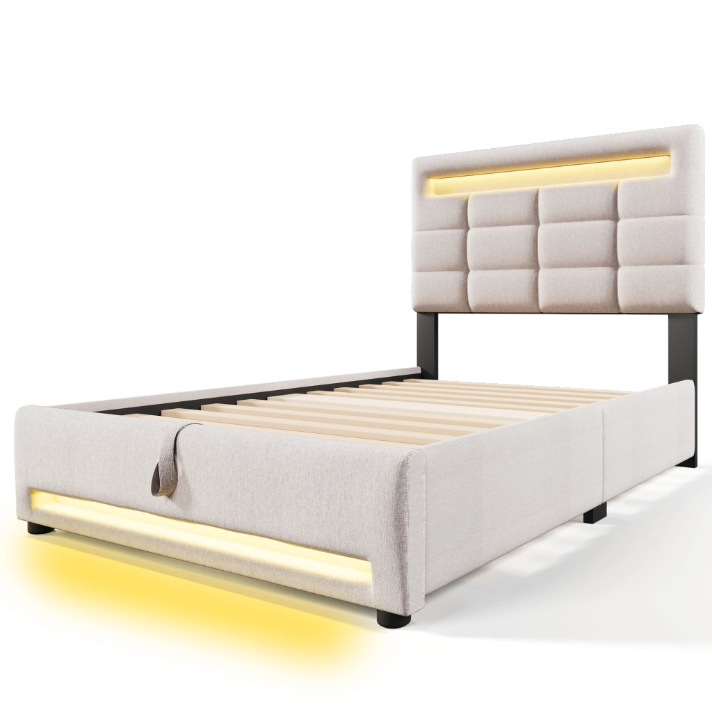 Letto imbottito 90x200 cm in lino beige con luci LED APP, USB e contenitore idraulico