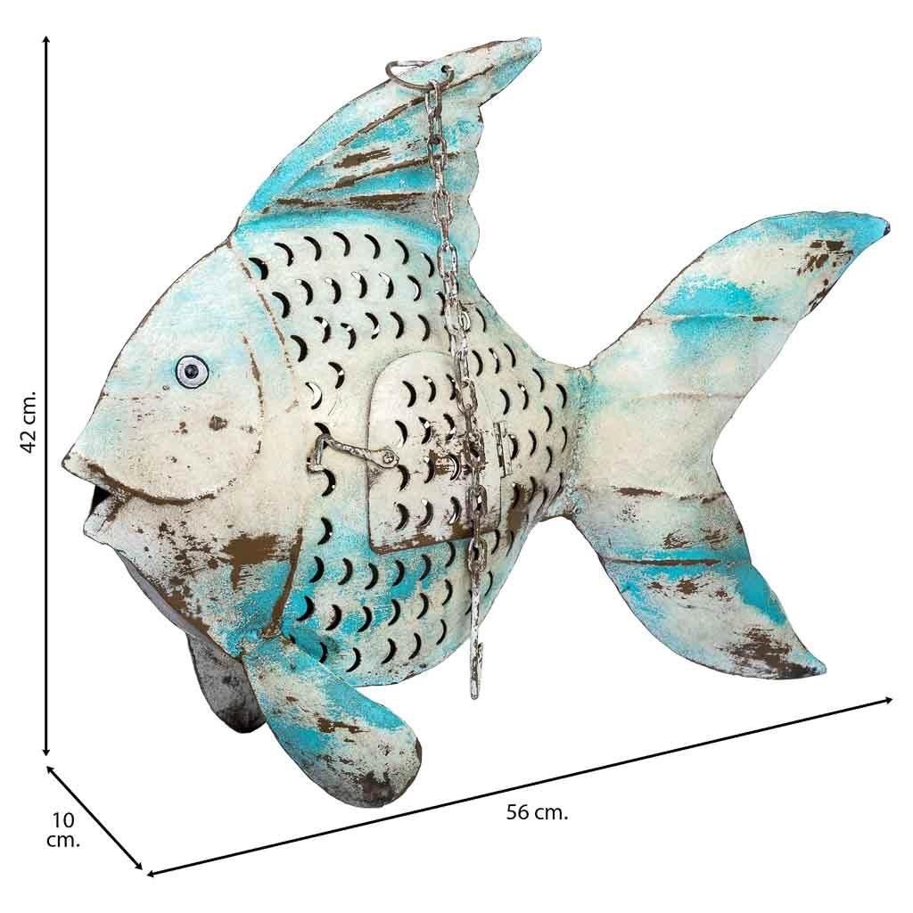 Portacandele in metallo invecchiato blu a forma di pesce, 56x10x42h cm