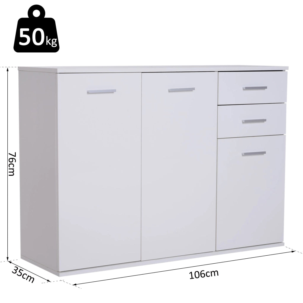 Armadietto con 3 Ante e 2 Cassetti in Legno Truciolato Bianco 106x35x76 cm