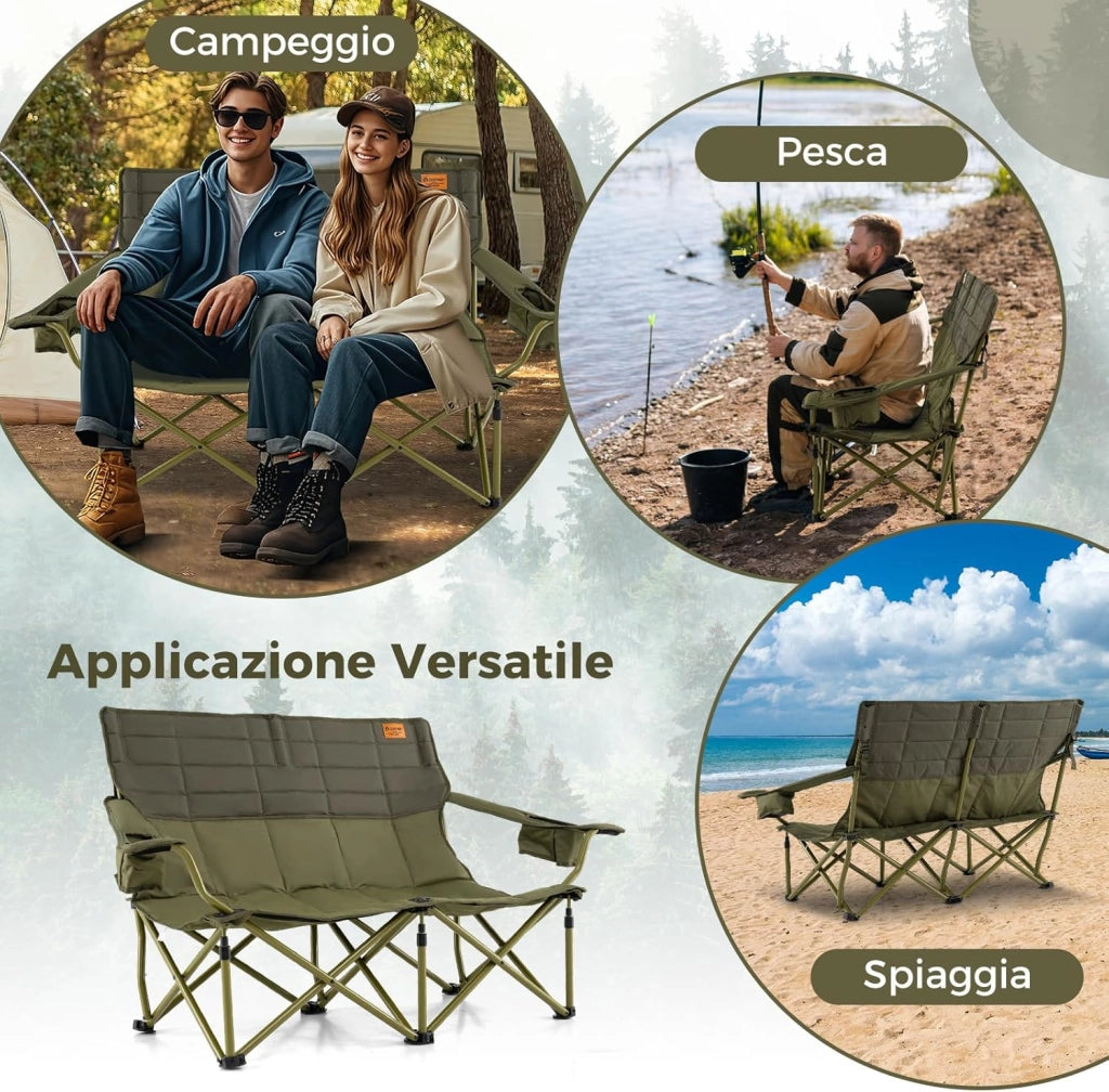Sedia da Campeggio per 2/3 Persone, Divano per Picnic Pieghevole con Braccioli Regolabili e Portabicchieri, Sedia da Esterno Portatile con Borsa da Trasporto (147 x 69 x 82 cm,Verde)