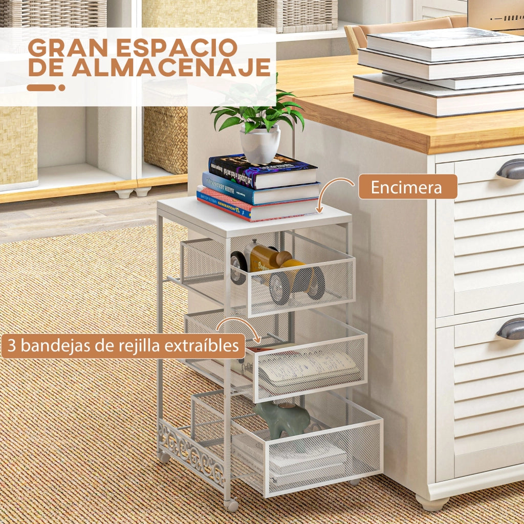 Carrello Portautensili 3 Livelli con Cestini ¨C zephmum ¨C Bianco 34x29,5x57,5cm