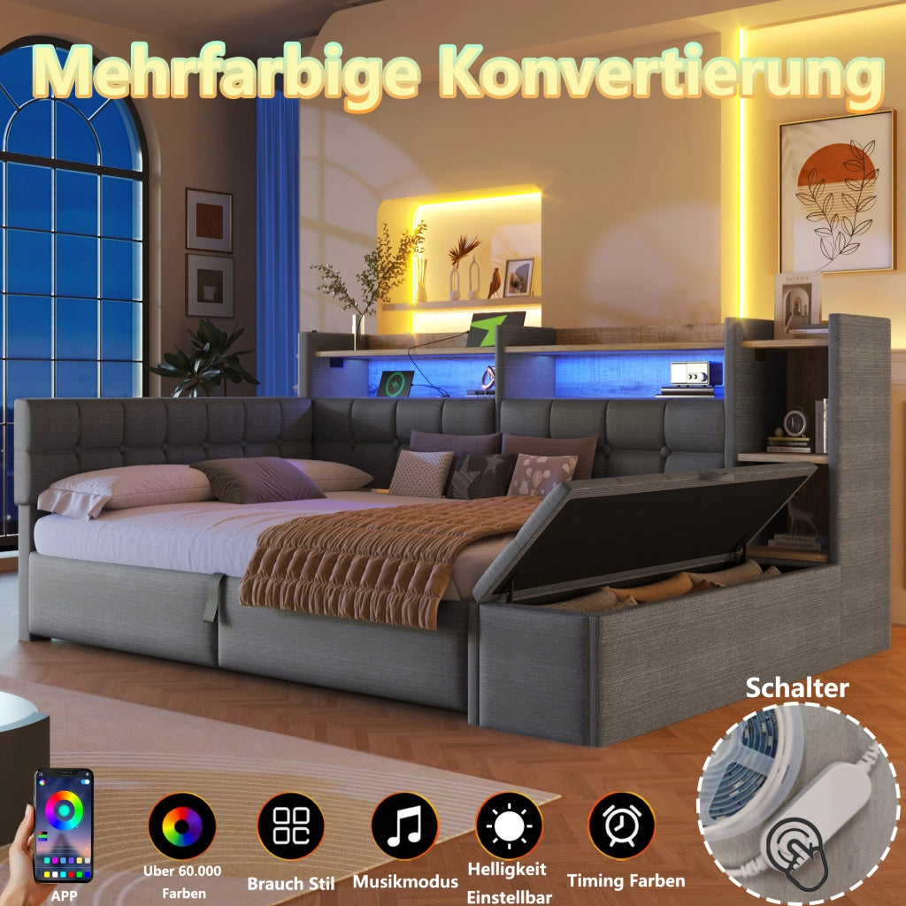 Daybed in velluto 140x200 cm con accumulo idraulico LED e USB-C - Grigio scuro