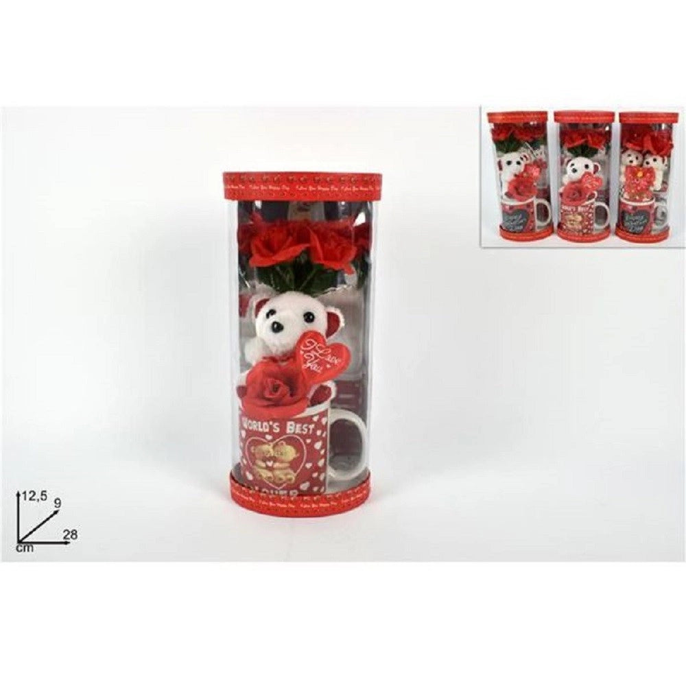 Trade Shop - Tazzone Tazza Con Orsetto Fiore In Box Regalo San Valentino 3 Modelli Assortiti -
